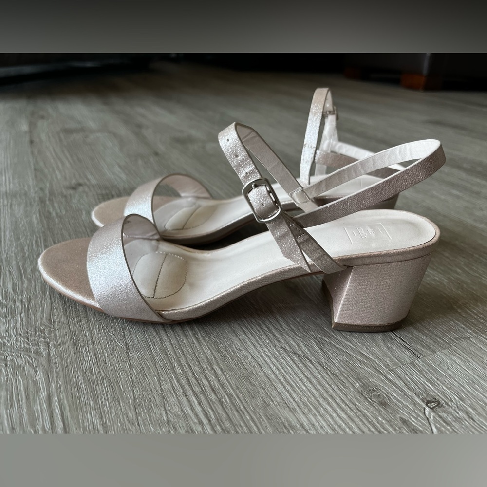 Champagne shimmery 1 inch wedge heels with strap